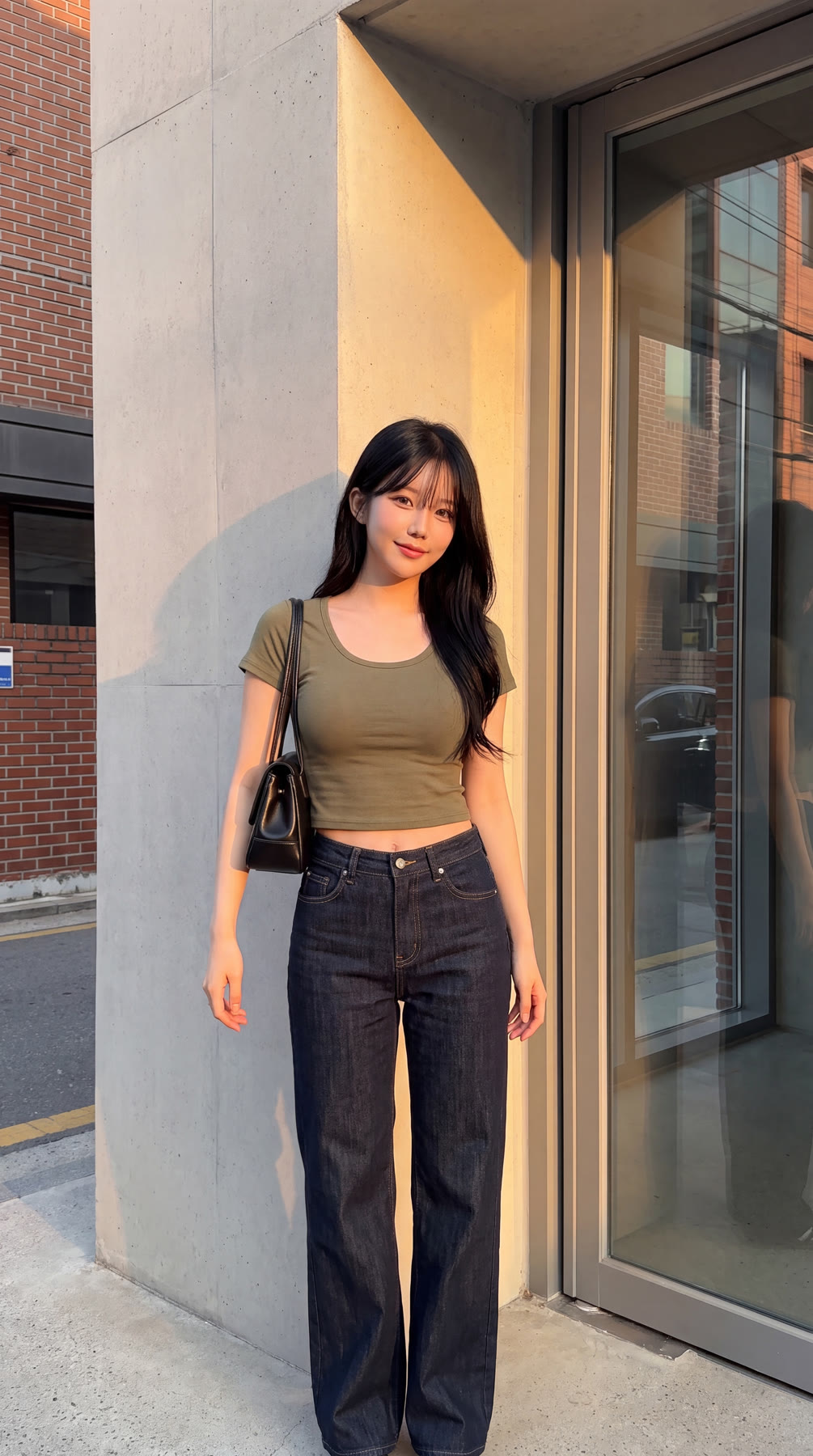 노을이 드는 거리에서 캐주얼 룩을 입은 인물 AI 이미지