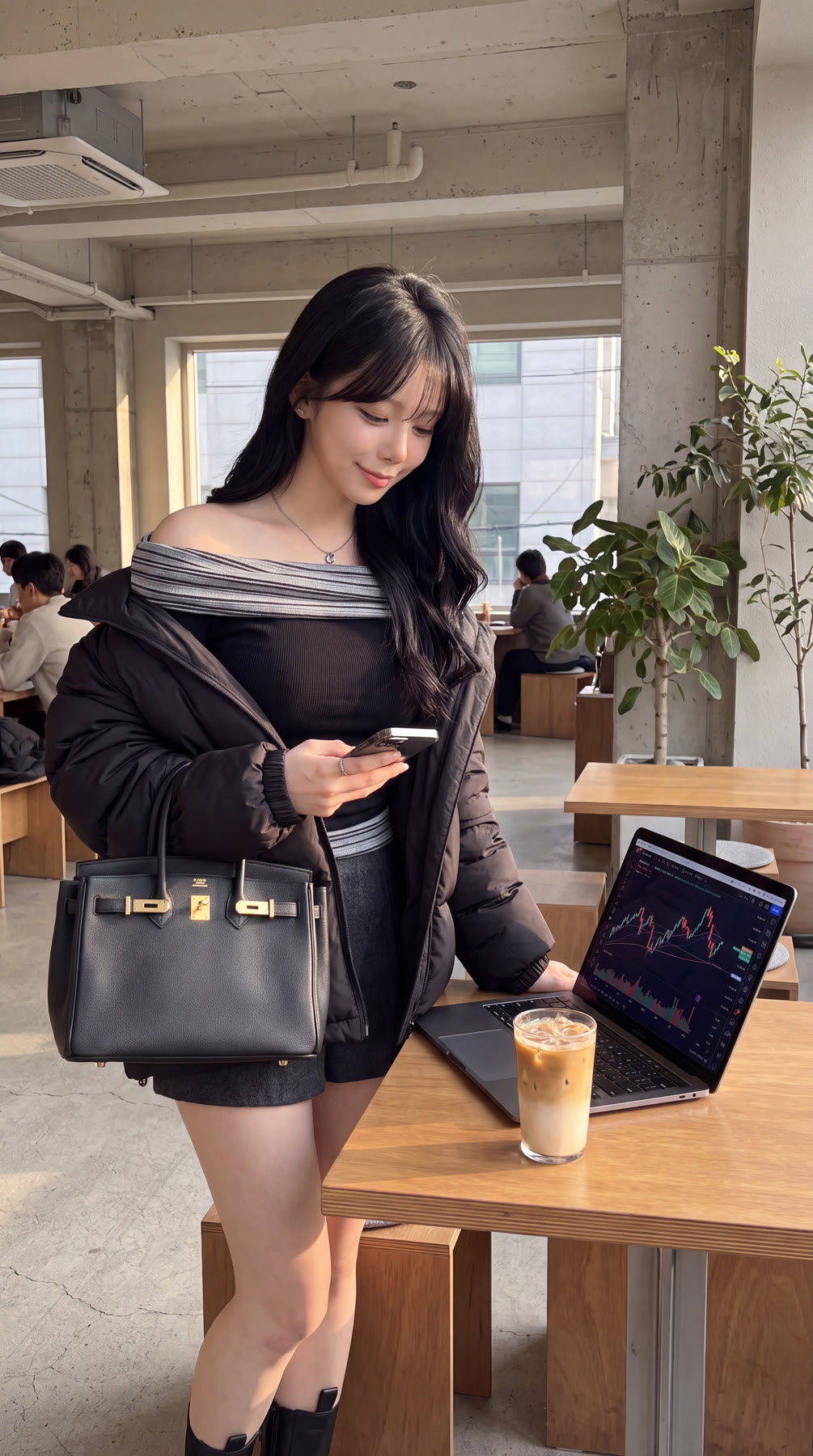 카페에서 휴대전화와 노트북을 보는 인물 AI 이미지